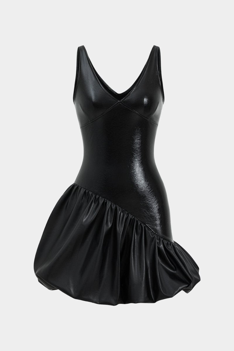 Faux Leather Ruched V - Neck Asymmetrical Mini Dress - MISMIMCWDC2410240037-BLACK-XS