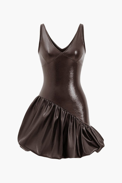Faux Leather Ruched V - Neck Asymmetrical Mini Dress - MISMIMCWDC2410240037-COFFEE-XS