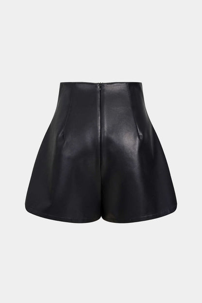 Faux Leather Ruched Zipper Shorts - MISMIMCWBS2508010099-BLACK-XS
