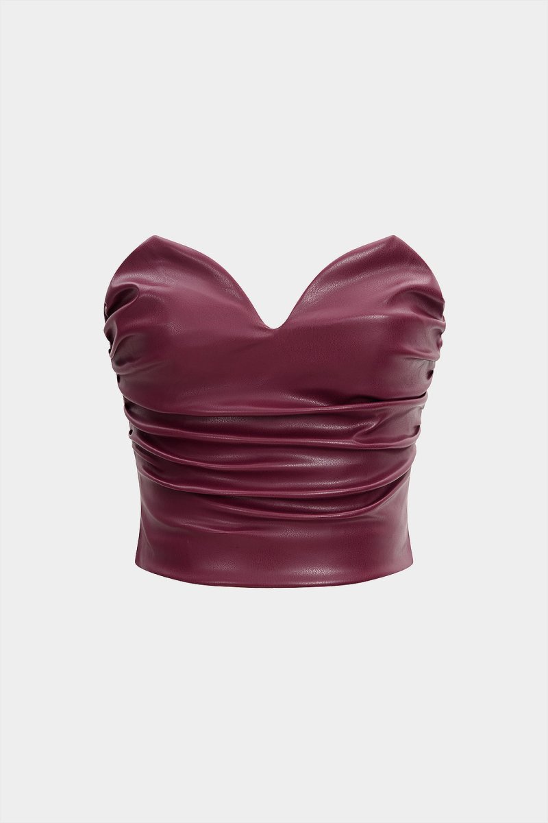 Faux Leather Ruched Zipper Tube Top - MISMIMCWTU2507100095-BURGUNDY-S
