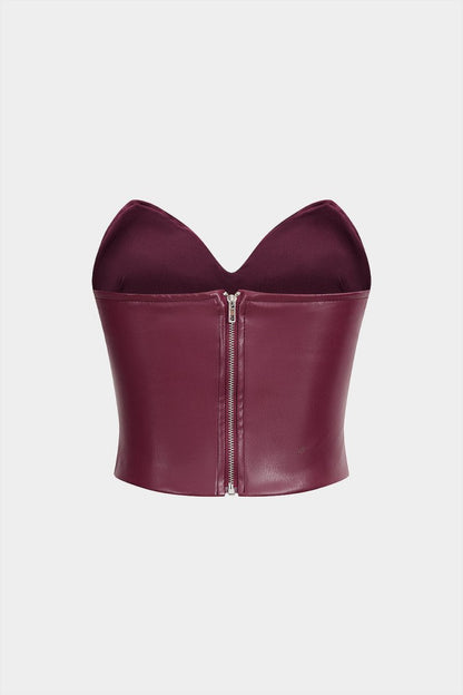 Faux Leather Ruched Zipper Tube Top - MISMIMCWTU2507100095-BURGUNDY-S