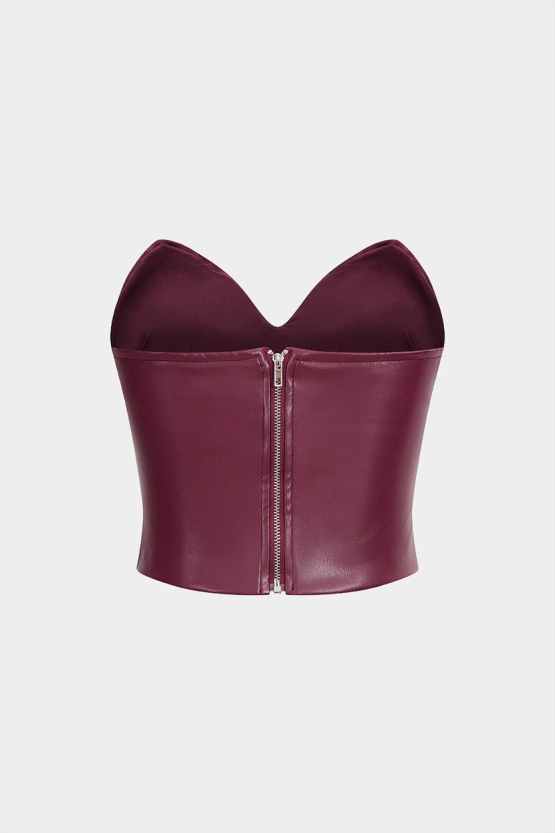 Faux Leather Ruched Zipper Tube Top - MISMIMCWTU2507100095-BURGUNDY-S