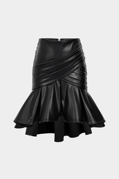 Faux Leather Ruffle Ruched Crossed Skirt - MISMIMCWBK2508010039-BLACK-XS