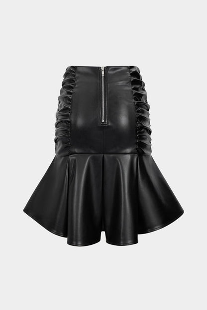 Faux Leather Ruffle Ruched Crossed Skirt - MISMIMCWBK2508010039-BLACK-XS
