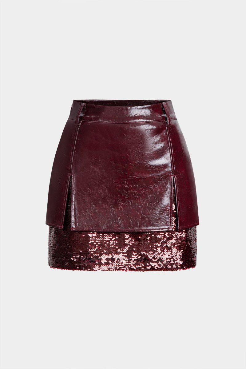 Faux Leather Sequin Patchwork Skirt - MISMIMCWBK2510090033-BURGUNDY-XS