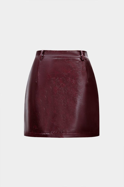 Faux Leather Sequin Patchwork Skirt - MISMIMCWBK2510090033-BURGUNDY-XS