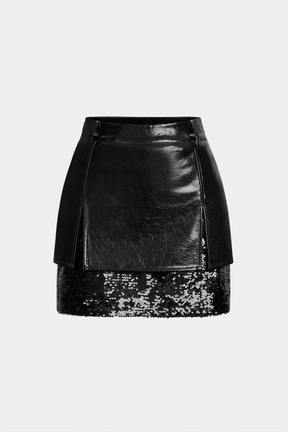 Faux Leather Sequin Patchwork Skirt - MISMIMCWBK2510090033-BLACK-XS