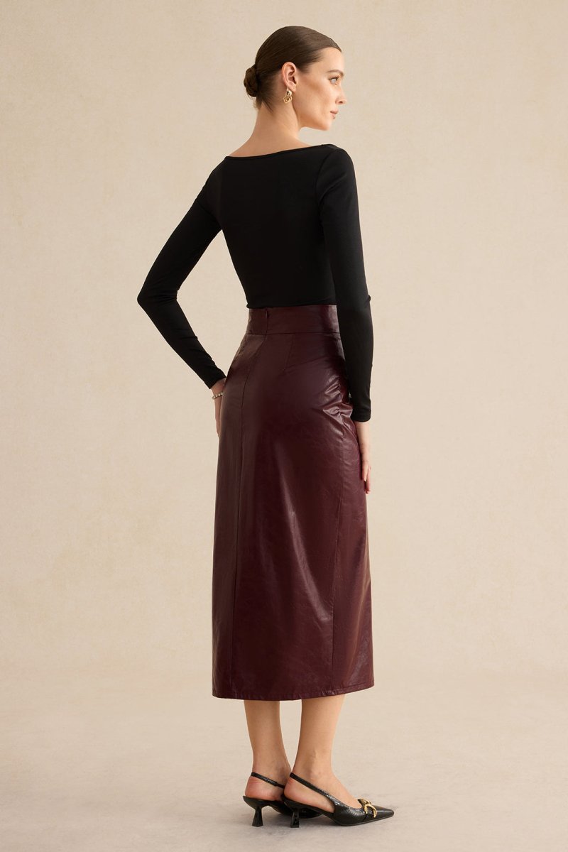 Faux Leather Side Slit Skirt - MISMIMCWBK2410110026-BURGUNDY-XS