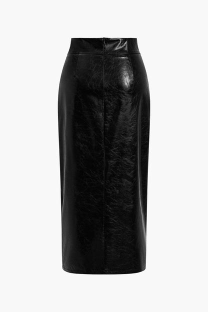 Faux Leather Side Slit Skirt - MISMIMCWBK2410110026-BLACK-XS