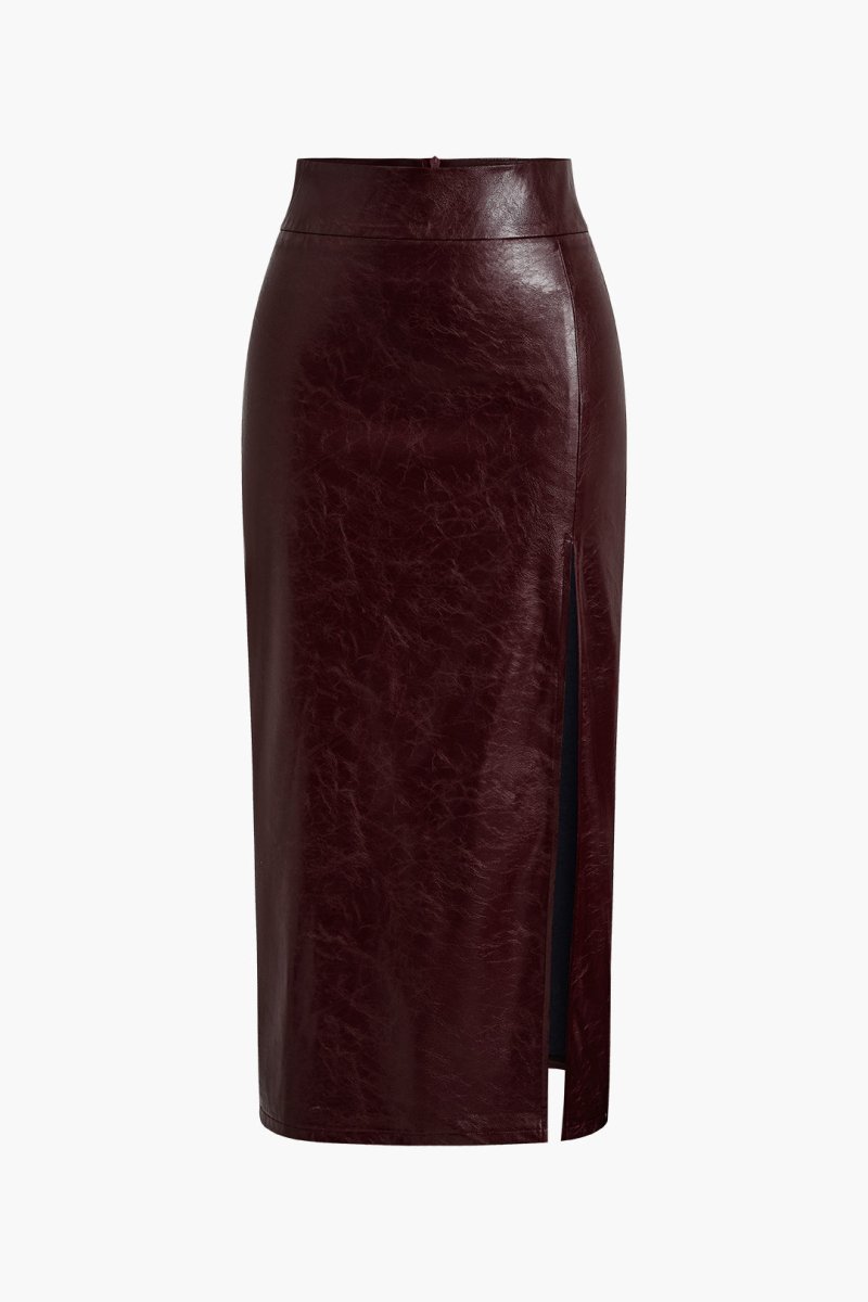 Faux Leather Side Slit Skirt - MISMIMCWBK2410110026-BURGUNDY-XS