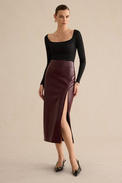 Faux Leather Side Slit Skirt - MISMIMCWBK2410110026-BURGUNDY-XS