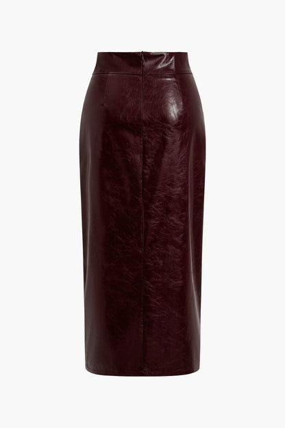 Faux Leather Side Slit Skirt - MISMIMCWBK2410110026-BURGUNDY-XS