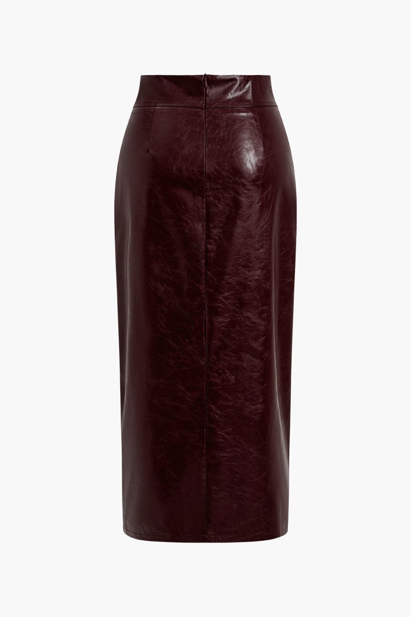 Faux Leather Side Slit Skirt - MISMIMCWBK2410110026-BURGUNDY-XS