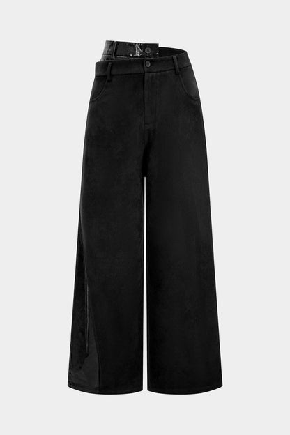 Faux Leather Suede Patchwork High Waist Asymmetrical Pants - MISMIMCWNJ2509200100-BLACK-XS
