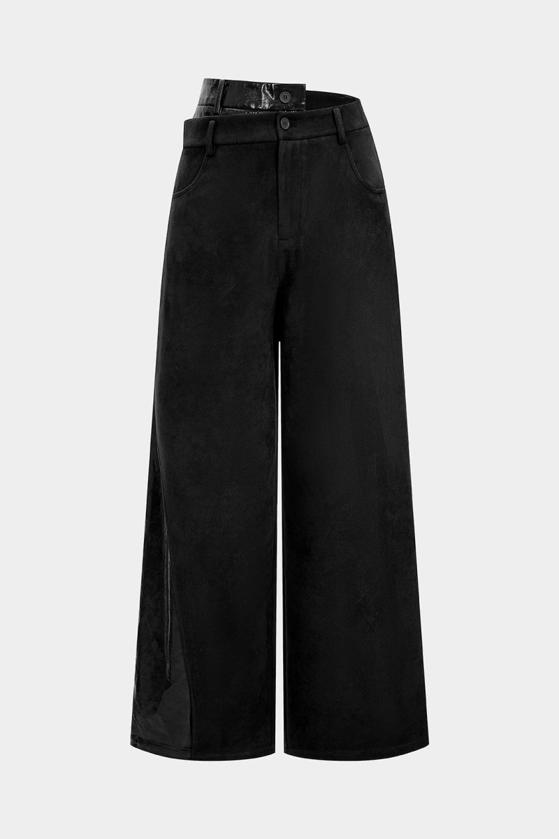 Faux Leather Suede Patchwork High Waist Asymmetrical Pants - MISMIMCWNJ2509200100-BLACK-XS