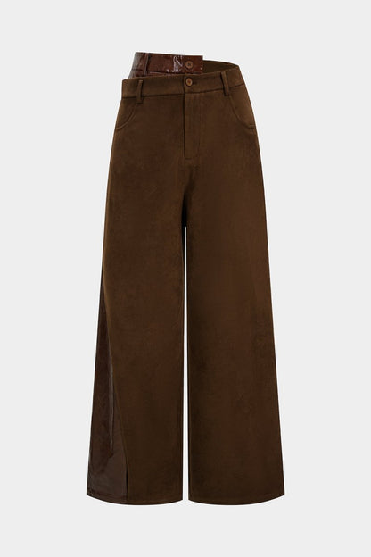 Faux Leather Suede Patchwork High Waist Asymmetrical Pants - MISMIMCWNJ2509200100-COFFEE-XS