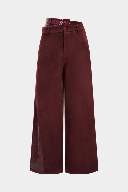 Faux Leather Suede Patchwork High Waist Asymmetrical Pants - MISMIMCWNJ2509200100-BURGUNDY-XS