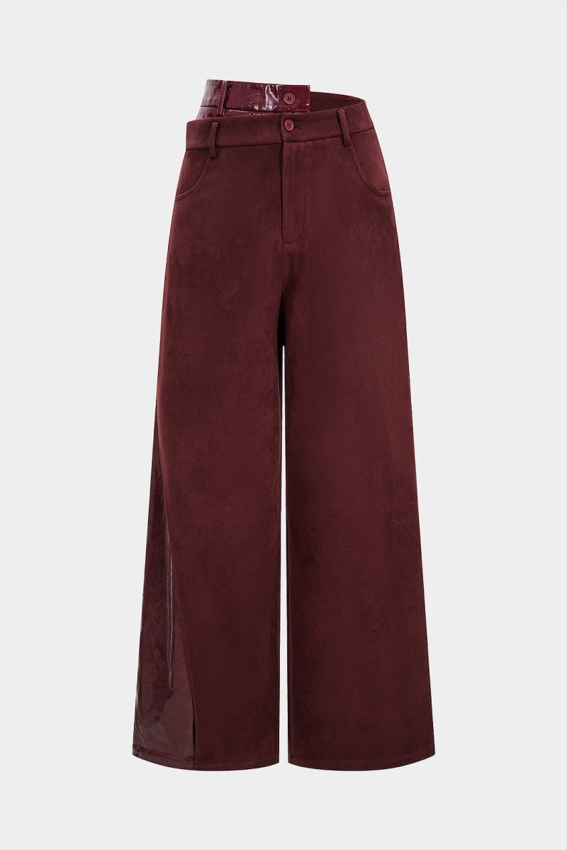 Faux Leather Suede Patchwork High Waist Asymmetrical Pants - MISMIMCWNJ2509200100-BURGUNDY-XS