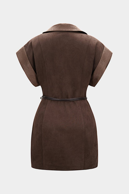 Faux Leather Suede V - Neck Patchwork Belted Sleeveless Mini Dress - MISMIMCWDC2506110126-COFFEE-XS