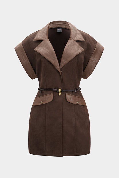 Faux Leather Suede V - Neck Patchwork Belted Sleeveless Mini Dress - MISMIMCWDC2506110126-COFFEE-XS