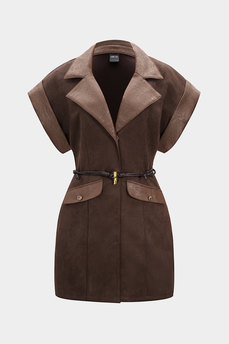 Faux Leather Suede V - Neck Patchwork Belted Sleeveless Mini Dress - MISMIMCWDC2506110126-COFFEE-XS