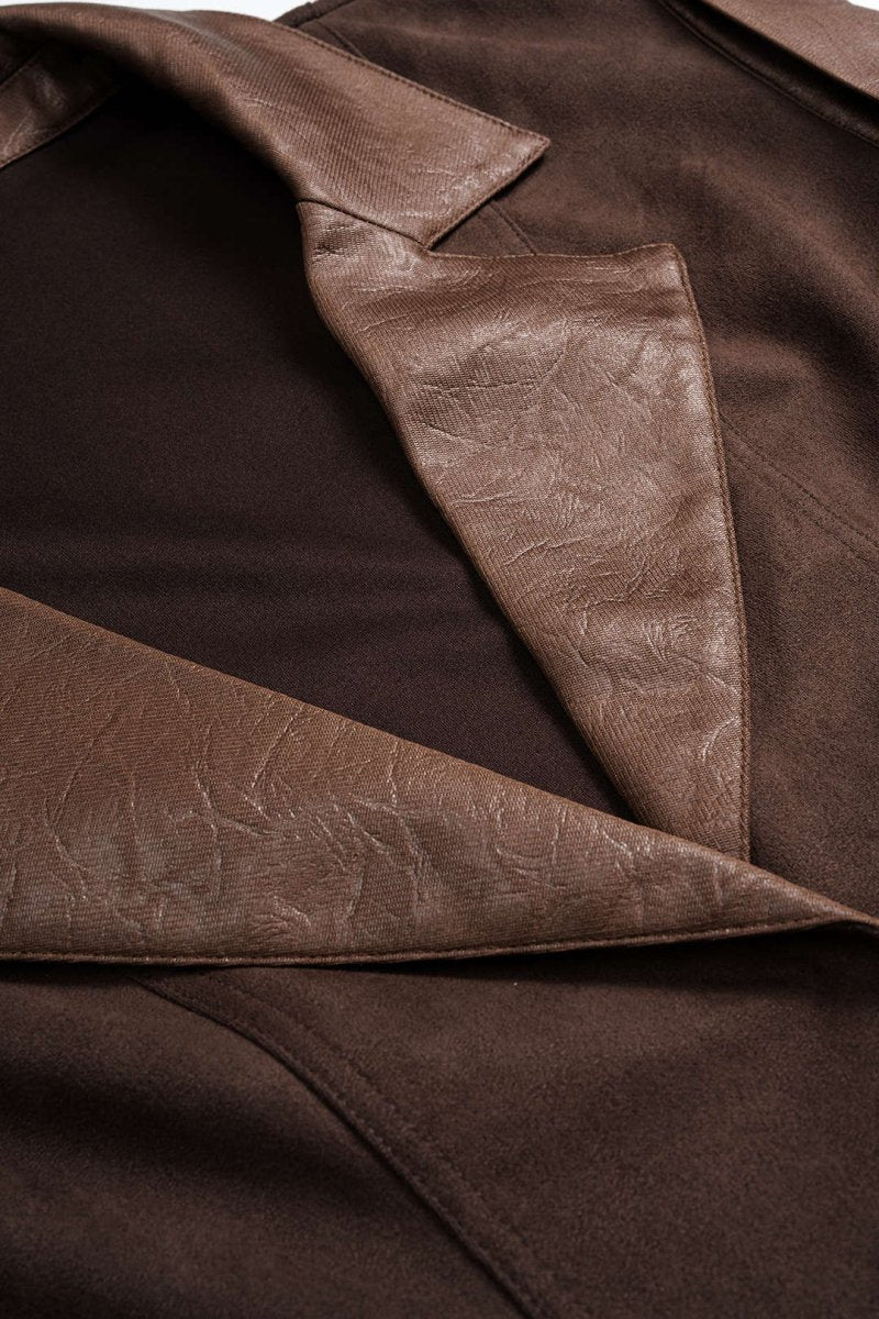 Faux Leather Suede V - Neck Patchwork Belted Sleeveless Mini Dress - MISMIMCWDC2506110126-COFFEE-XS