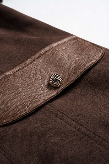 Faux Leather Suede V - Neck Patchwork Belted Sleeveless Mini Dress - MISMIMCWDC2506110126-COFFEE-XS