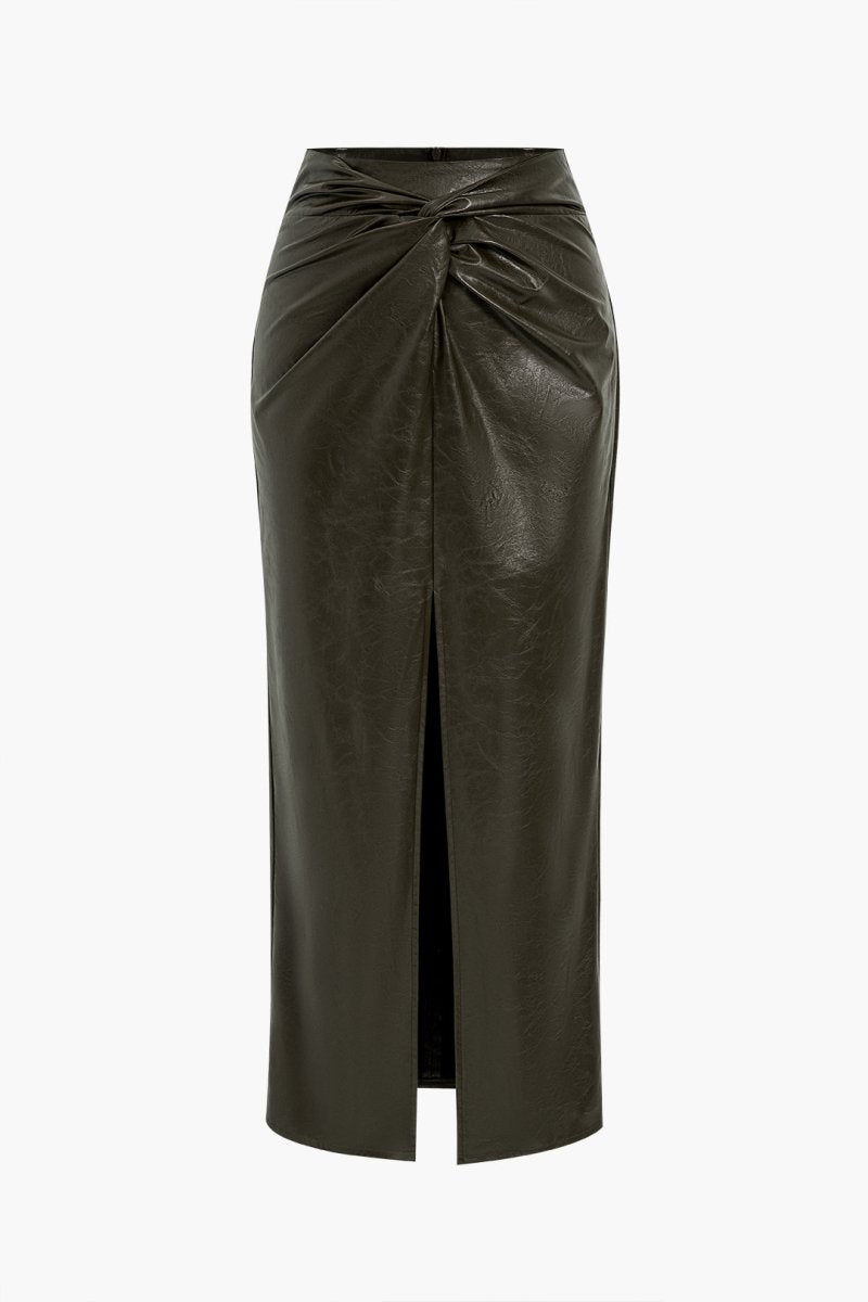 Faux Leather Twist Slit Skirt - MISMIMCWBK2410150057-MILITARY-XS
