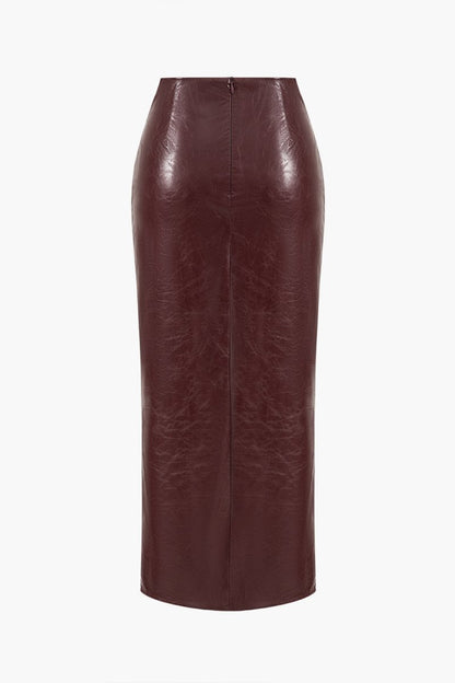 Faux Leather Twist Slit Skirt - MISMIMCWBK2410150057-BURGUNDY-XS