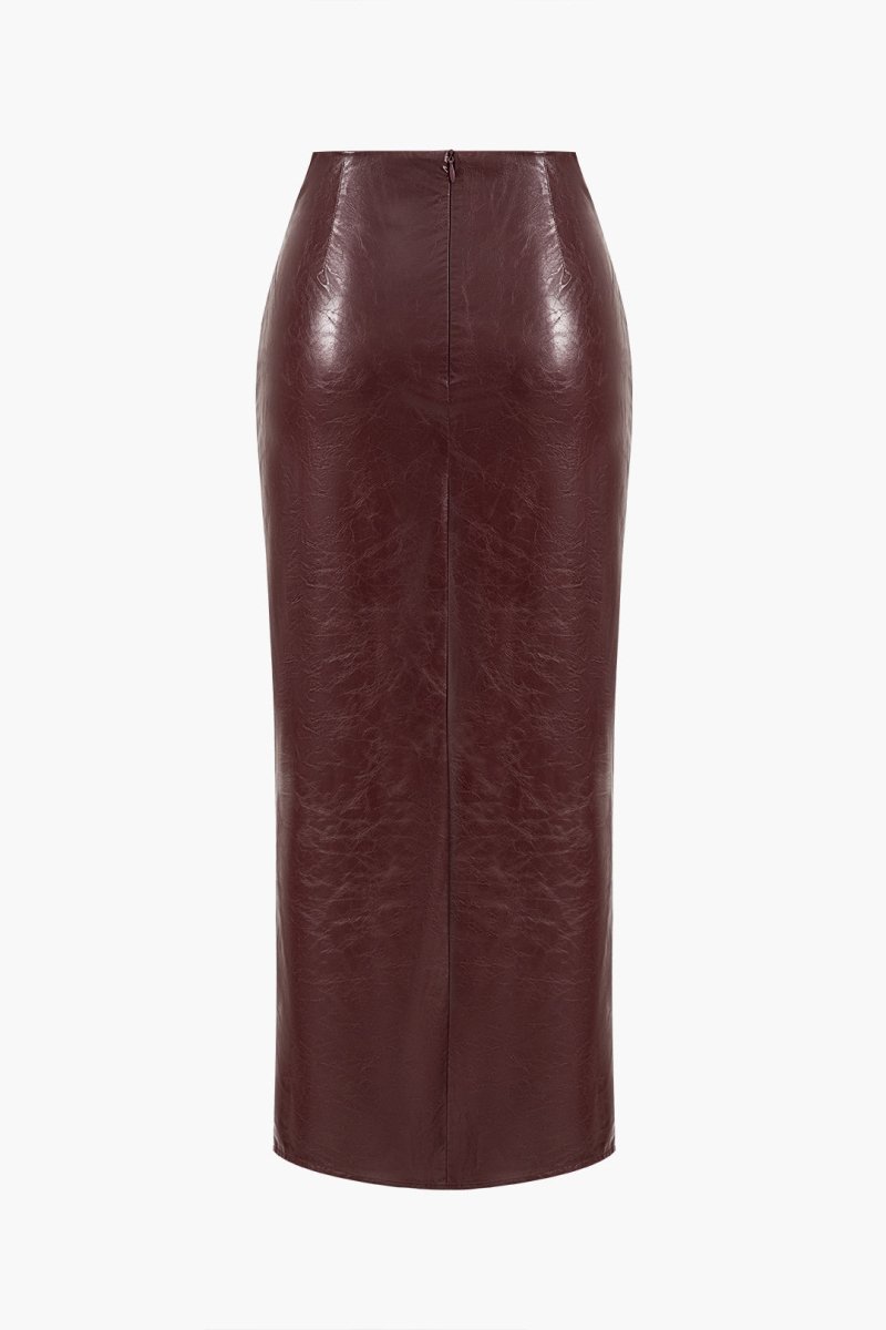 Faux Leather Twist Slit Skirt - MISMIMCWBK2410150057-BURGUNDY-XS