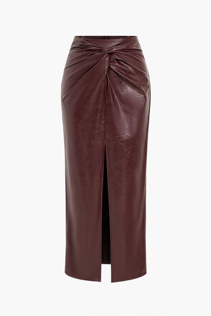 Faux Leather Twist Slit Skirt - MISMIMCWBK2410150057-BURGUNDY-XS