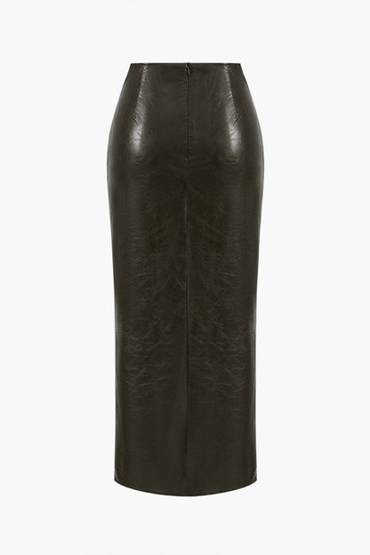 Faux Leather Twist Slit Skirt - MISMIMCWBK2410150057-MILITARY-XS