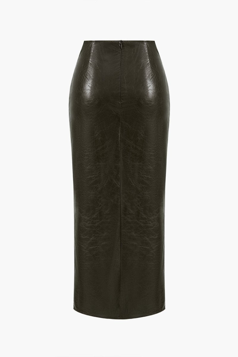 Faux Leather Twist Slit Skirt - MISMIMCWBK2410150057-MILITARY-XS