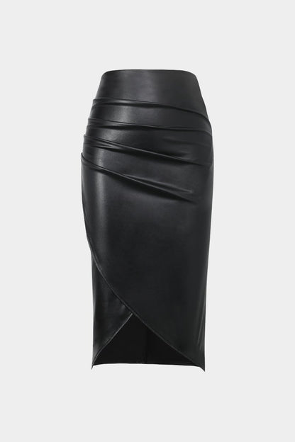 Faux Leather Wrap Ruched Midi Skirt - MISMIMCWBK2209180024-BLACK-XXS