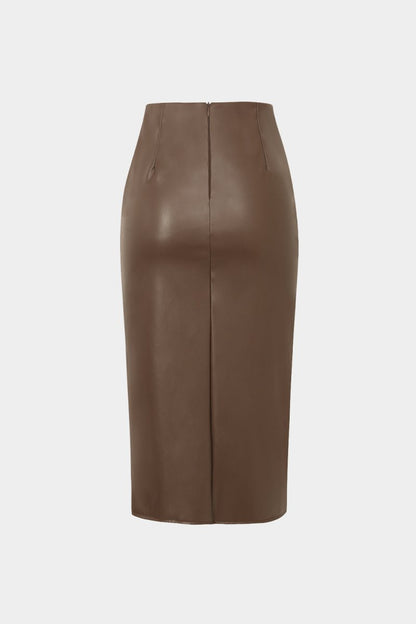 Faux Leather Wrap Ruched Midi Skirt - MISMIMCWBK2209180024-COFFEE-XS