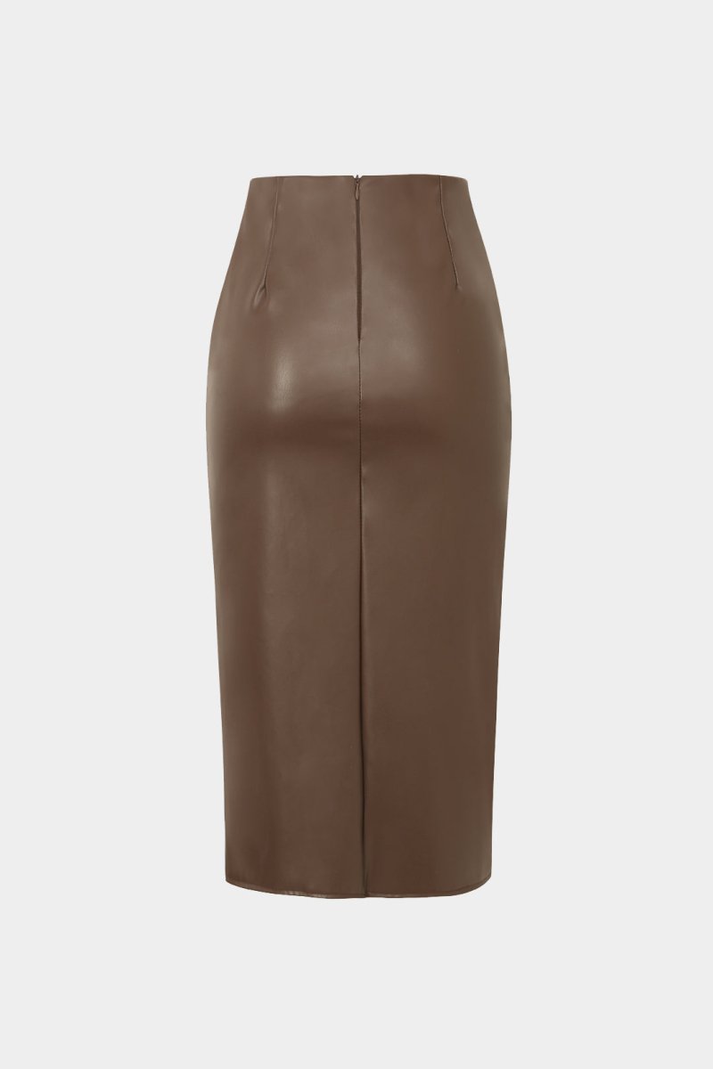 Faux Leather Wrap Ruched Midi Skirt - MISMIMCWBK2209180024-COFFEE-XS