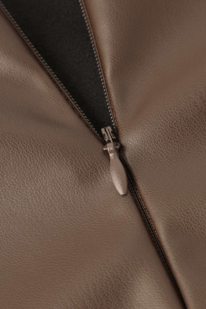 Faux Leather Wrap Ruched Midi Skirt - MISMIMCWBK2209180024-COFFEE-XS