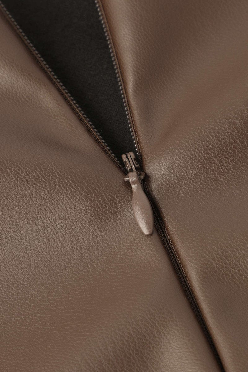 Faux Leather Wrap Ruched Midi Skirt - MISMIMCWBK2209180024-COFFEE-XS