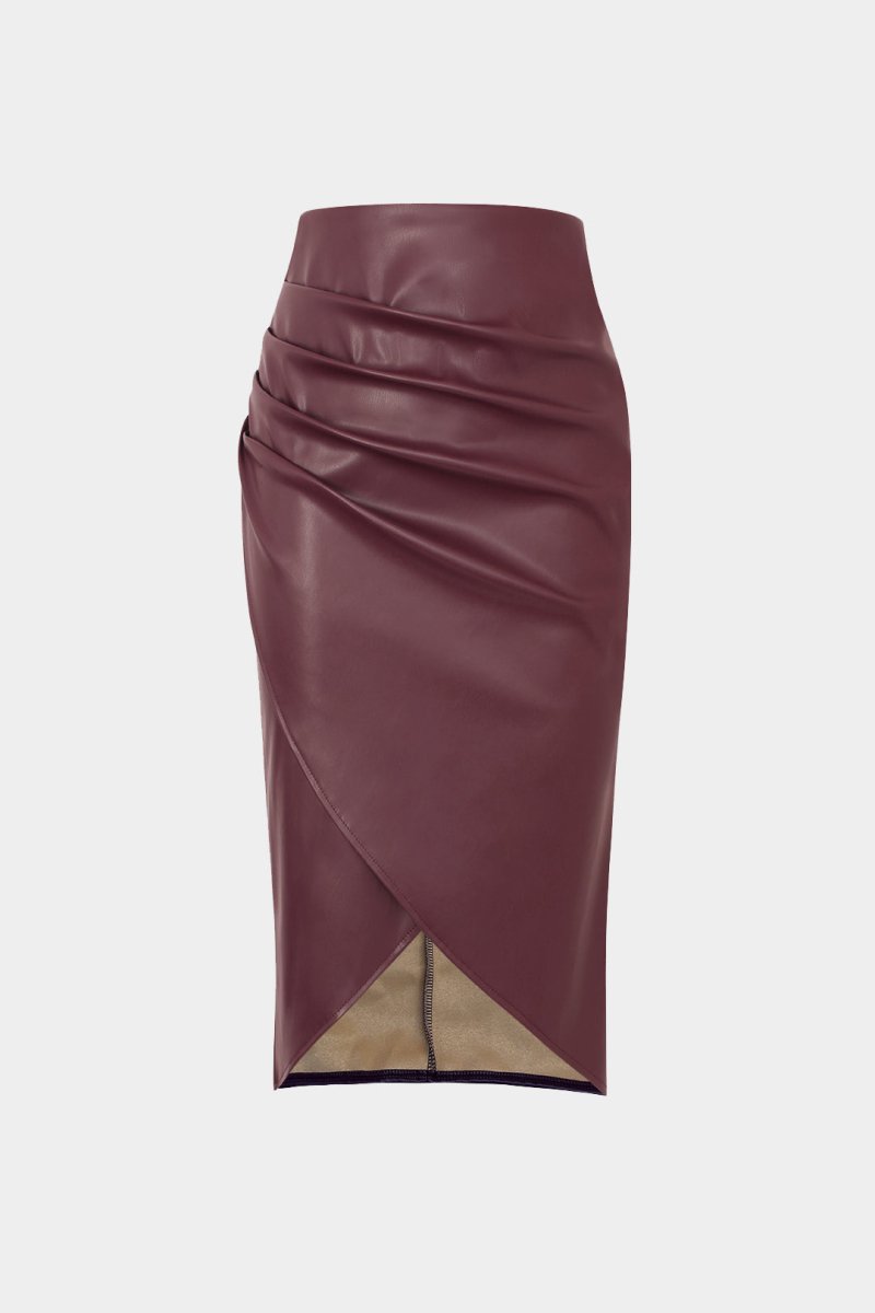 Faux Leather Wrap Ruched Midi Skirt - MISMIMCWBK2209180024-BURGUNDY-XS