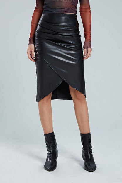 Faux Leather Wrap Ruched Midi Skirt - MISMIMCWBK2209180024-BLACK-XXS