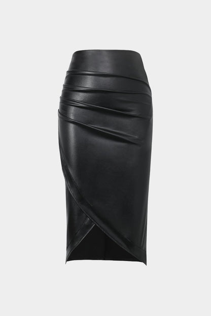 Faux Leather Wrap Ruched Midi Skirt - MISMIMCWBK2209180024-COFFEE-XS