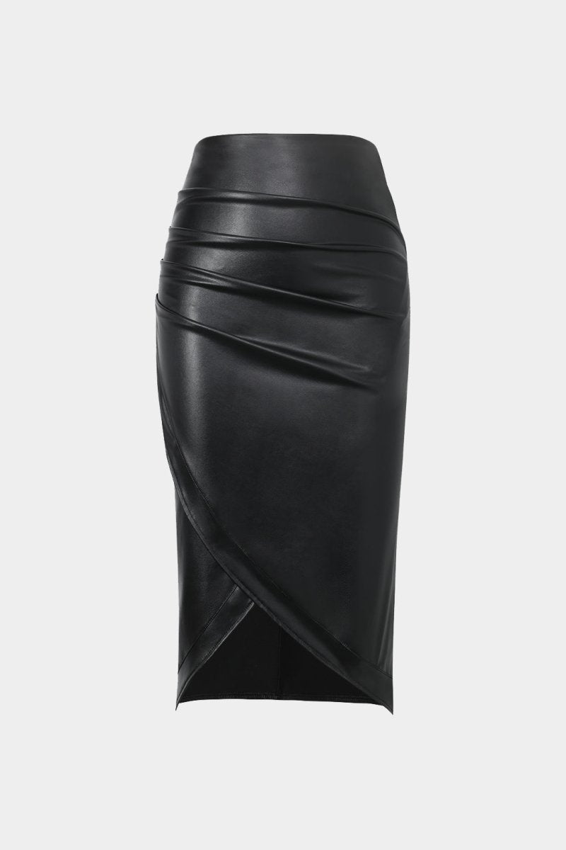 Faux Leather Wrap Ruched Midi Skirt - MISMIMCWBK2209180024-COFFEE-XS