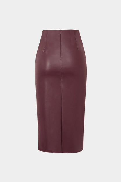 Faux Leather Wrap Ruched Midi Skirt - MISMIMCWBK2209180024-BURGUNDY-XS