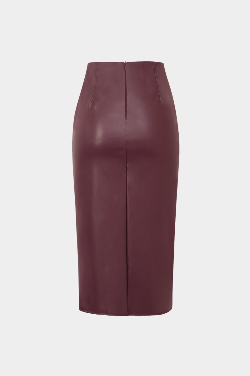 Faux Leather Wrap Ruched Midi Skirt - MISMIMCWBK2209180024-BURGUNDY-XS