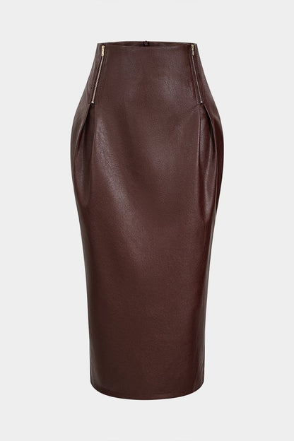 Faux Leather Zipper High Waist Skirt - MISMIMCWBK2509160156-MAROON-XS