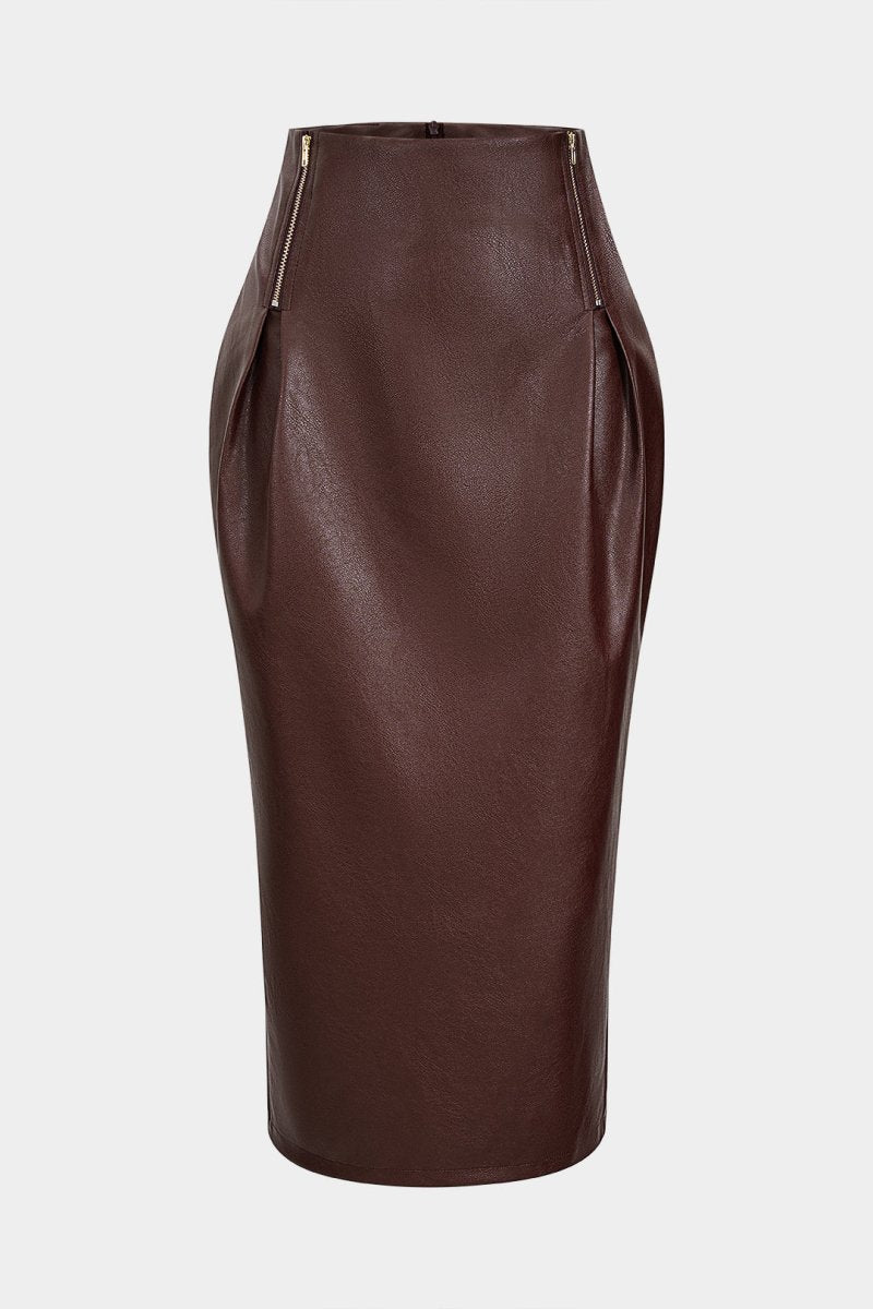 Faux Leather Zipper High Waist Skirt - MISMIMCWBK2509160156-MAROON-XS