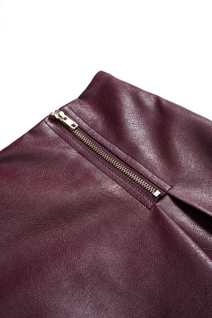 Faux Leather Zipper High Waist Skirt - MISMIMCWBK2509160156-BURGUNDY-XS