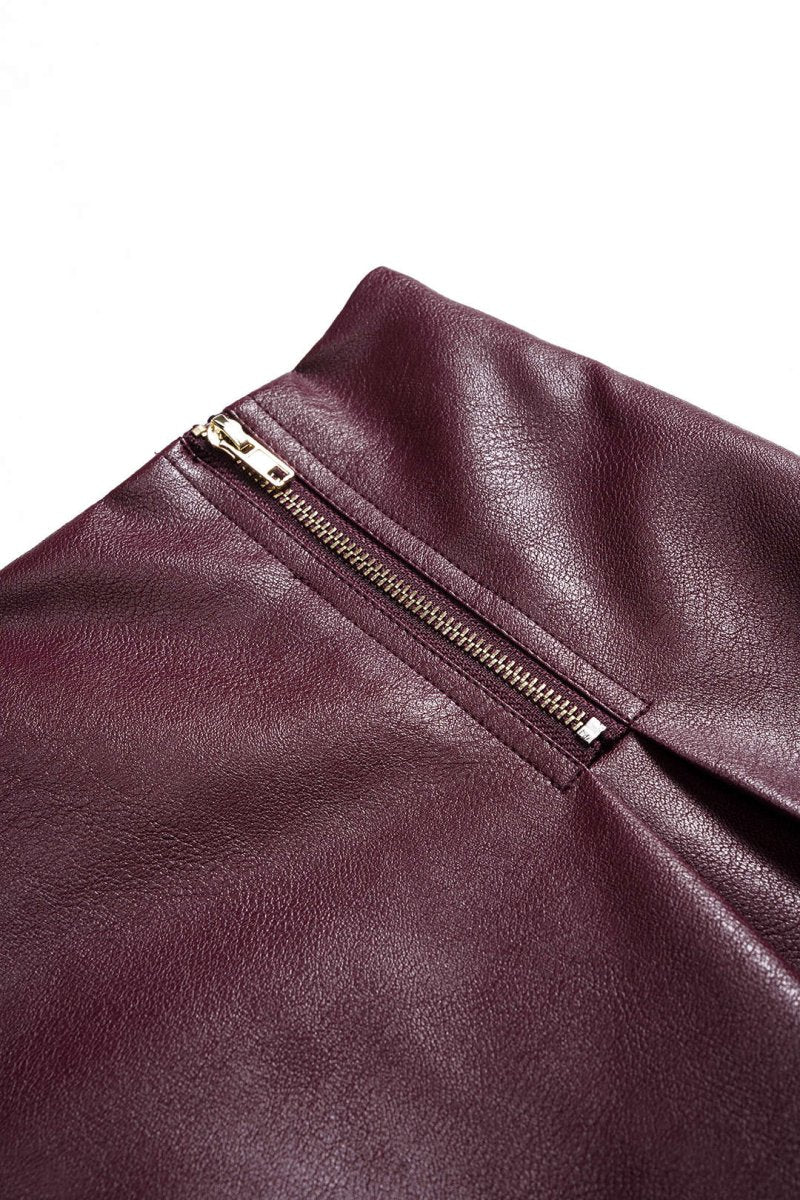 Faux Leather Zipper High Waist Skirt - MISMIMCWBK2509160156-BURGUNDY-XS