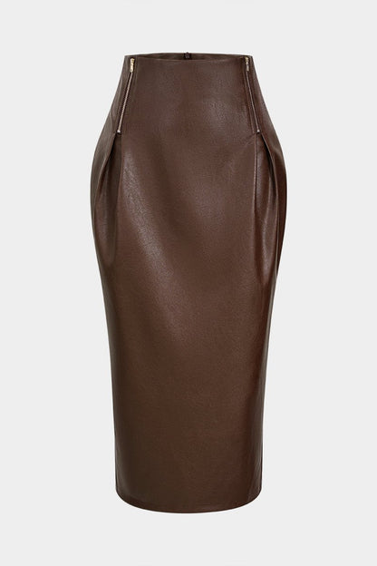 Faux Leather Zipper High Waist Skirt - MISMIMCWBK2509160156-BROWN-XS