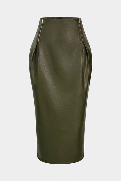 Faux Leather Zipper High Waist Skirt - MISMIMCWBK2509160156-OLIVE-XS